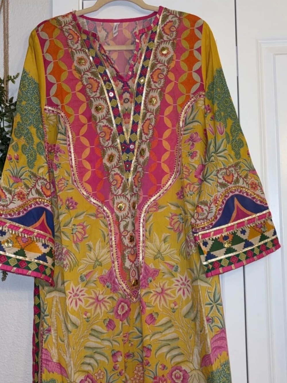 Vibrant Yellow & Pink Floral Women’s Kaftan